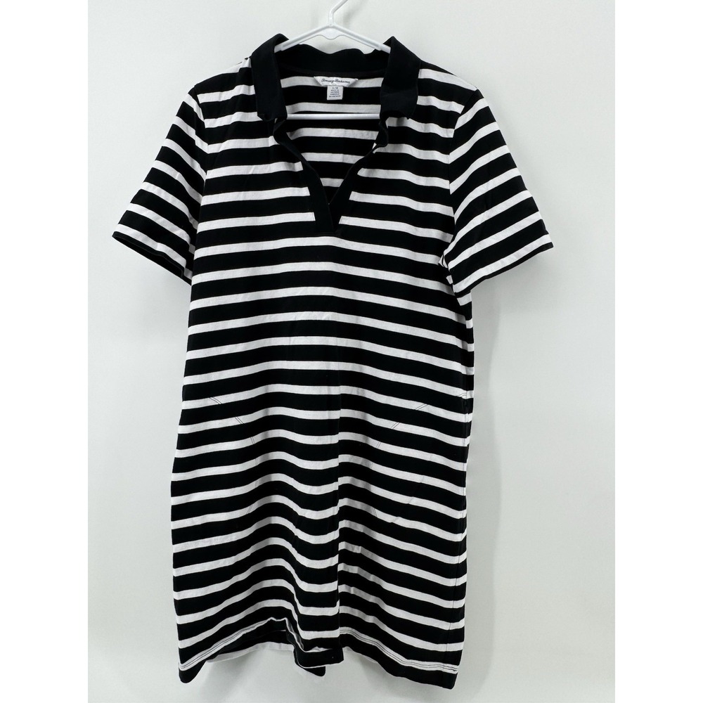 Tommy Bahama Costal Cabana 100% Cotton Shirt Dress Black White Johnny Collar L